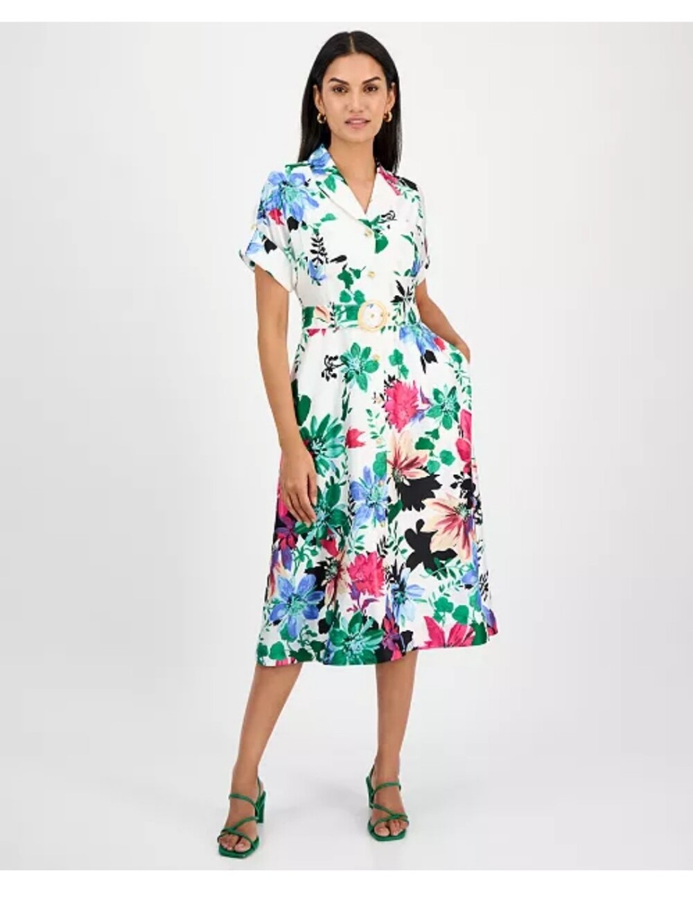 NWT Tahari ASL $169 Ivory Floral Belted Shirt Dress Size 8 Midi Button Front